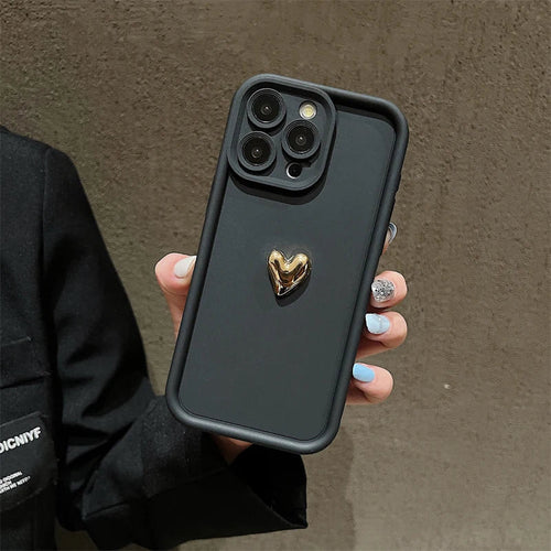 3D Gold Heart Silicone Soft Phone Case For iPhone 15 14 13 12 11 16 17